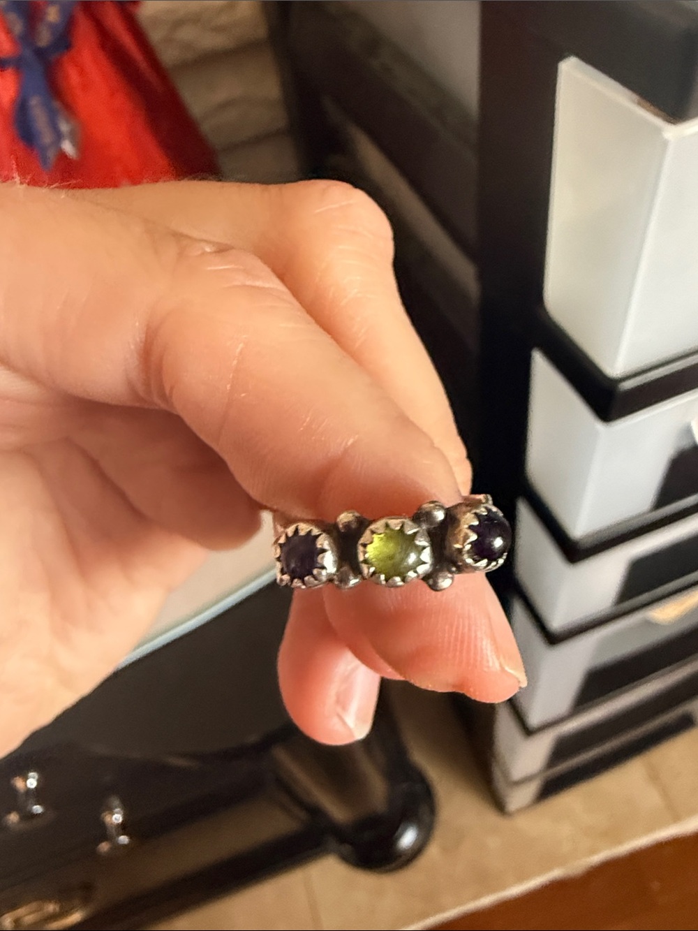Sterling Silver Trio Gemstone Ring - Green and Purple